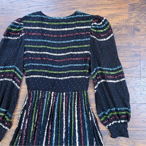 Rococo Sand • Sequin Striped Gown black chiffon rainbow swiss dot balloon sleeve - Picture 12 of 13